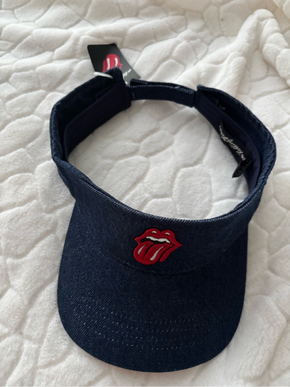 the Rolling Stones Denim Blue Visor with Red Tongue Patch